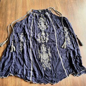 Suzanne Betro Navy Blue Stretchy Sleeveless Blouse with Tassels and Embroidery